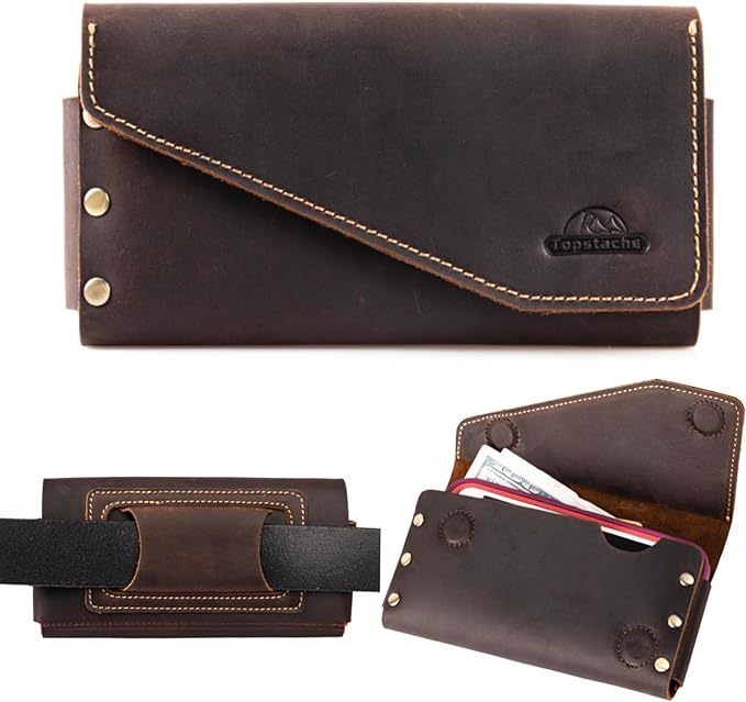 Topstache Leather Phone Holster for iPhone 17/16/15 Pro Max, Galaxy S25/S24 Ultra - Belt Loop Cell Phone Case - Leather Card Holder Wallet Belt Pouch - Fit Protective Case on, XL,Darkbrown