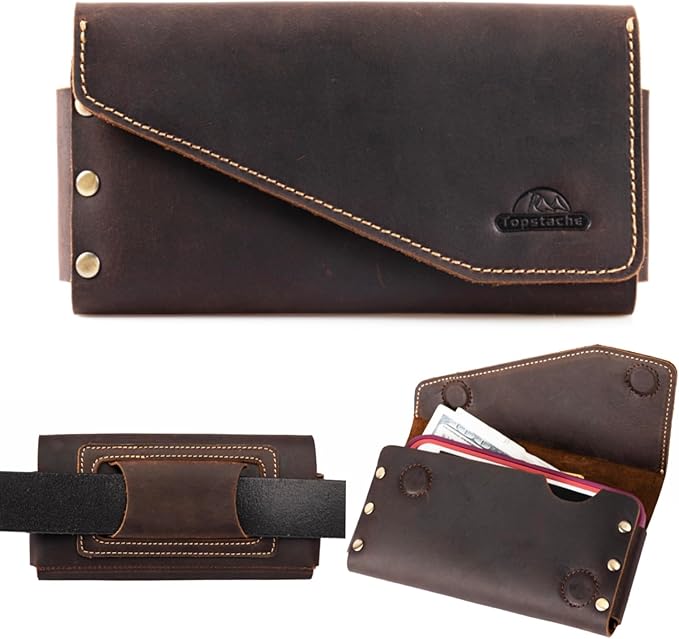 Topstache Leather Phone Holster - Leather Belt Pouch with Card Holder for Galaxy S25/S24 - Magnetic Closure Belt Loop Cell Phone Holder Pouch for iPhone 17/17 Pro/16/16 Pro, L,Darkbrown