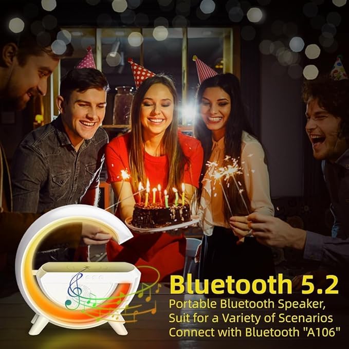 Pxujoqecg Table Lamp with Bluetooth Speaker, G Bedside Light with 15W Wireless Charger, Atmosphere Lighting with Alarm Clock, RGB Bedside Nightstand Table, Hi-Fi Sound, Time Display