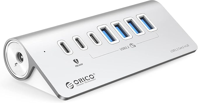 ORICO 7-Port USB 3.2 Gen2 Hub, Powered USB 3.2 Hub with 4 USB-A, 2 USB-C, PD 60W, 72W Power Adapter, 10Gbps Aluminium USB-Splitter with 3.28Ft USB-C to USB-C Cable for iMac, MacBooks, Mac mini