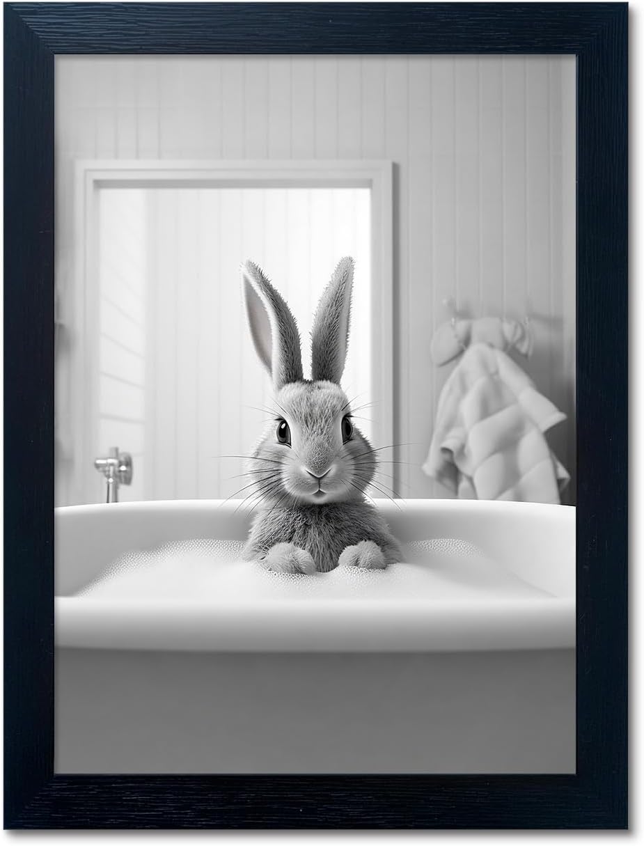 Regine Switzerland Kids Bathroom Decor - Cute Black and White Animal Canvas Art | Funny Rabbit in Bathtub