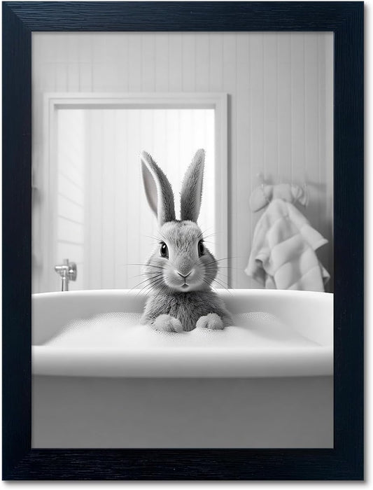 Regine Switzerland Kids Bathroom Decor - Cute Black and White Animal Canvas Art | Funny Rabbit in Bathtub