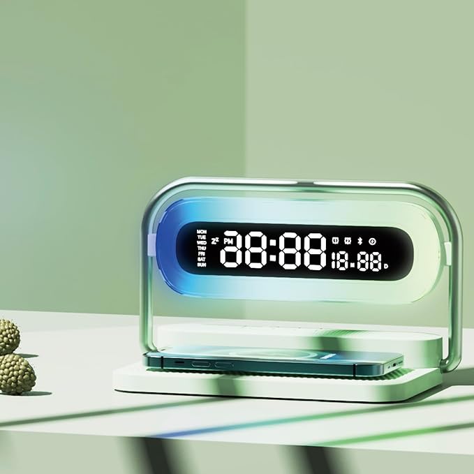 OTXKOO 4-in-1 Multifunction Mobile Wireless Charger with Colorful Night Lights, Bluetooth Speaker, Digital Clock Alarm ; M11