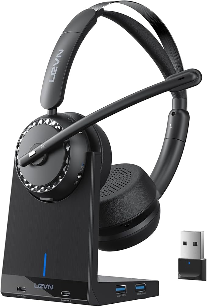 LEVN Wireless Headset 5.2 for Call Center, BluetoothHeadphones with Mic for Work(Noise Cancelling), 65 HoursWoktime & Mute Button,Wireless Headset for Work fromHome/Office/PC/Computer/Laptop(Silvery)