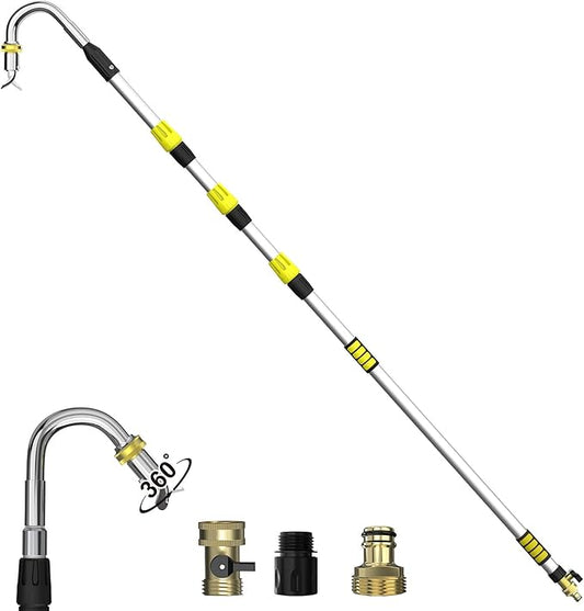 Buyplus 16FT(24FT Reach) Telescopic Gutter Cleaning Tools from The Ground, Rain Gutter Cleaners Tool with 360Â°Rotatable Metal Nozzle, Extension Pole, Hose Attachment, Watering Wand for Garden Hose
