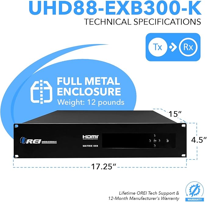 OREI 8x16 HDMI Matrix Switch 4K@60Hz with HDBaseT – 8 Input 16 Output HDMI Matrix Extender up to 300ft, HDR, Dolby Vision, 4K to 1080p Downscaling, IR, RS-232, LAN
