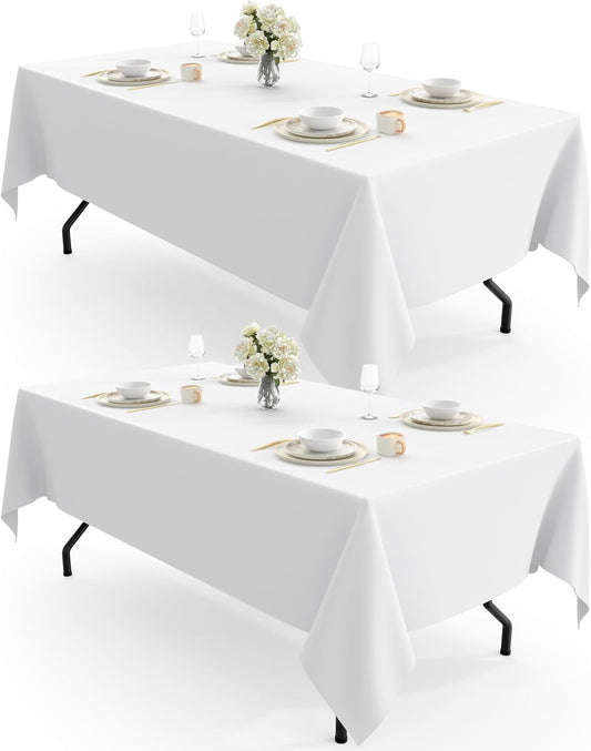 Pureegg Rectangle Table Cloth - Durable 60" x 102" Polyester Tablecloths | Reusable & Washable for Outdoor Events, Weddings, Picnics, 2 Pack, White