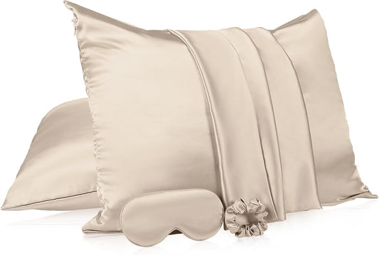 Skiennix Satin Pillowcase Set - 2 Pack with Hidden Zipper, Adjustable Eye Mask & Volume Scrunchie | Champagne