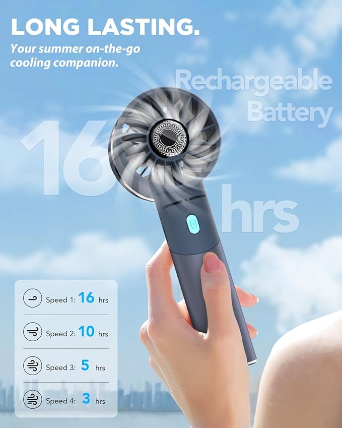 Lepwings Handheld Fan, Mini Small Portable Turbo Fan, Rechargeable with 4 High Speeds Personal Fans, Max 16H Runtime, For Travel, Office, Outdoor - Dark Blue