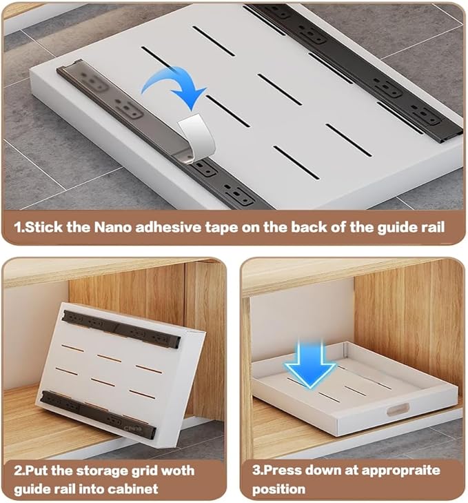 2 Pack Pull Out Cabinet Organizer Adhesive, Heavy Duty Kitchen Cabinet Organizer Pantry Organizers, Cabinet Shelf for Kitchen, Pantry, Bathroom, 12'' W x 16.9'' D x 3.1'' H