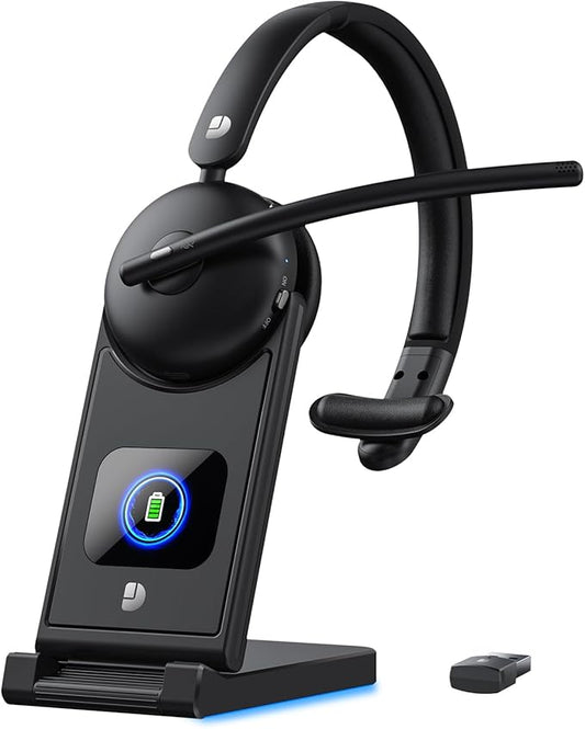 Wireless Headset with Mic for Work, Bluetooth Headphones with Microphone (Noise Cancelling) & Charging Base, Wireless Headset for Work from Home/Office/Call Center/PC/Computer/Teams/Zoom/Skype/Laptop