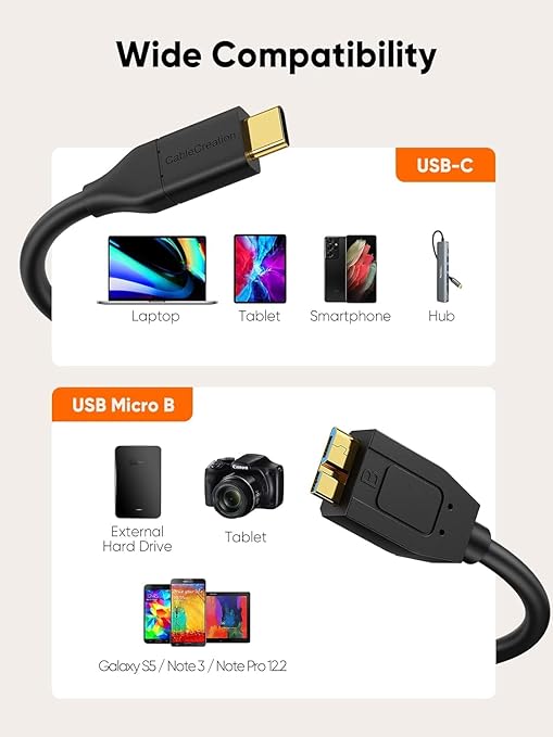 CableCreation USB C to Micro B Short Cable 4FT*2, 10G Micro B to USB C External Hard Drive Cable for iPhone 15/16/17,Samsung Galaxy S24,Seagate WD Westgate My Passport,MacBook Pro/Air, iPad/Tablet