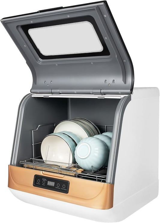 800W Portable Countertop Dishwasher,3 Washing Modes, 158℉ High-Temp, No Installation Needed, Compact Mini Dish Washing Machine with 8L Water Tank for 4-6 Sets Tableware (Type A - Gold)