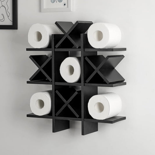 Weysat Rustic Wooden Tic Tac Toe Toilet Paper Holder - Freestanding Bathroom Decor & Storage