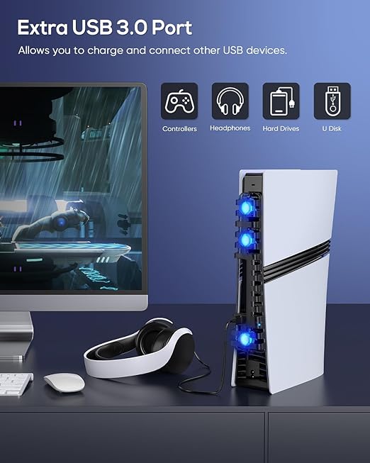 PS5 Pro/Slim Auto Cooling Fan with USB 3.0 Port, Adjustable 3 Speed, LED Light, Memory Function, Quiet and Efficient Cooling System