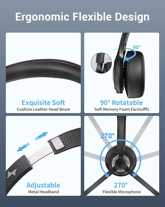 JIAMQISHI Wireless Headset with AI Noise Cancelling Microphone Bluetooth Headset - Bluetooth V5.2（Black Gray）