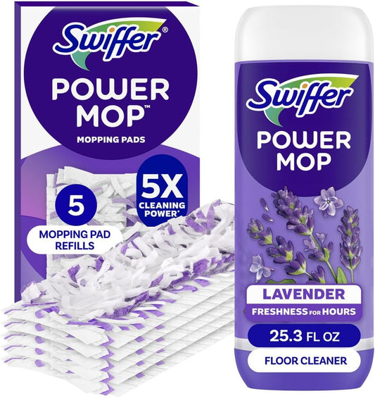Swiffer Power Mop Refill Pack - All-Purpose Floor Cleaner for Tile, Vinyl, Wood | 5 Pads + Lavender Solution