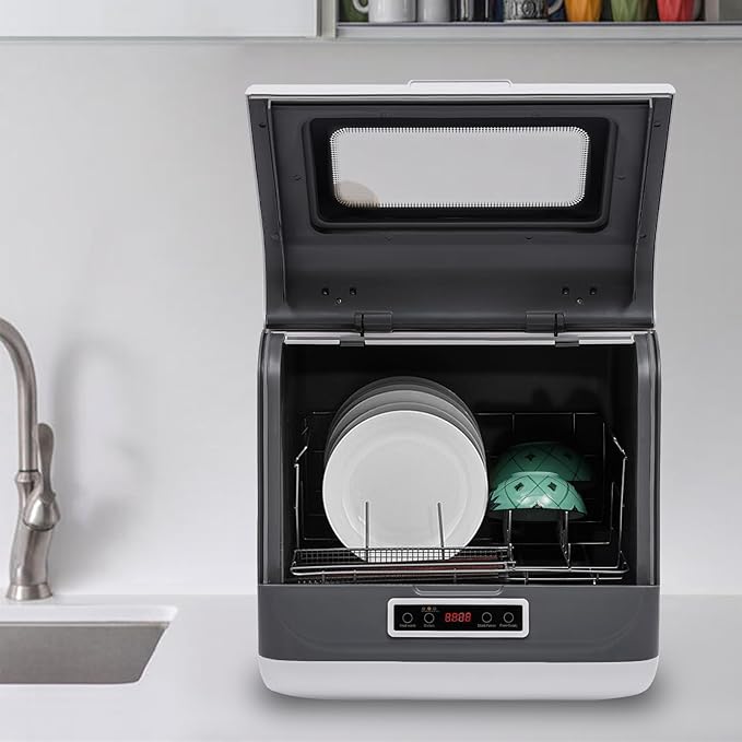Countertop Dishwasher, 110V 800W Portable Compact Tabletop Dishwasher with 3 Washing Programs, Automatic Dish washer with Water Pipe, Cleaning Machine for Household Kitchen Apartment Boat (White)