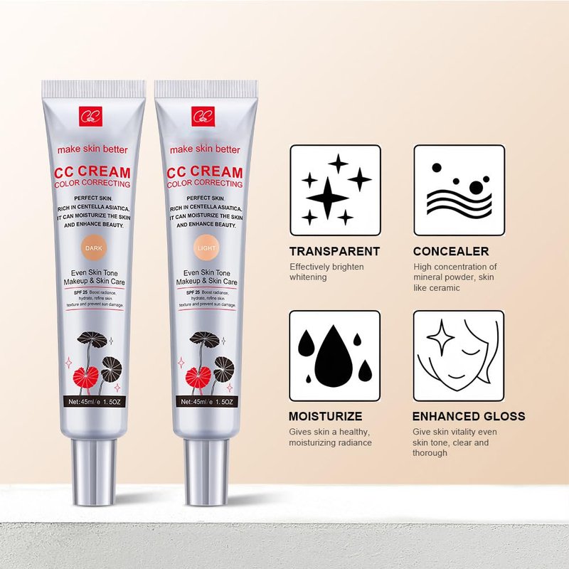 Color Correcting CC Cream with SPF 25, Coverage Lightweight Foundation, Hydrating Serum, Even Skin Tone Makeup and Skin Care, Refine Skin Texture, Avoid Sun Damage