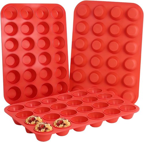 CAKETIME Silicone Mini Muffin Pan - 3 Pack of 24 Nonstick Cups for Baking Muffins & Cupcakes