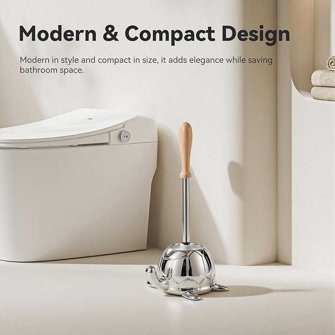 Toilet Brush and Holder Set, Ceramic Turtle Base Toilet Brush Set - 7.5â Bowl Cleaner, Toilet Scrubber Brush with Ergonomic Handle (Silver)
