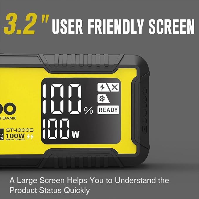 GOOLOO GT4000S Jump Starter 4000A Car Jumper Starter (Up to 10L Diesel All Gas Engines), 100W Fast-Charging Lithium Jump Box, SuperSafe Portable Car Battery Charger for 12V Vehicles, Yellow
