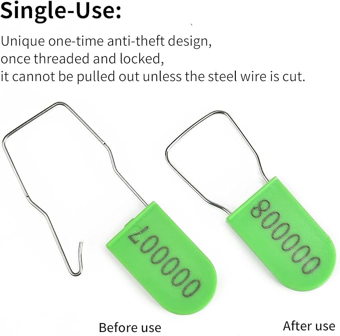 LeadSeals 50PCS Plastic Padlock Security Seals Metal Wire Padlocks Electric Meter Lockout Tags Self-Locking Numbered Anti Tamper Seal Lock Green