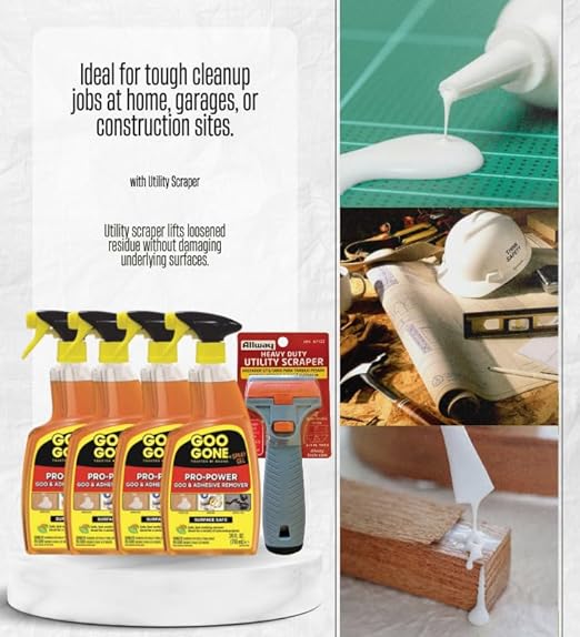 4x Goo Gone Pro-Power Gel Adhesive Remover 24 oz Bundle with Utility Scraper – Clings to and Lifts Sticky Residue, Grease, and Grime from Surfaces – Gift Set (5 Items).