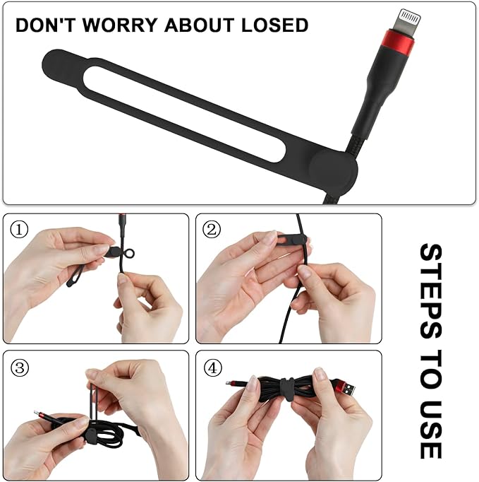 Nearockle 16Pcs Silicone Cable Ties Cord Organizer for Bundling Earphone, Phone Charger, Computer Cords, Reusable Wire Cable Management in Home,Office,Kitchen,School,Travel (Black)