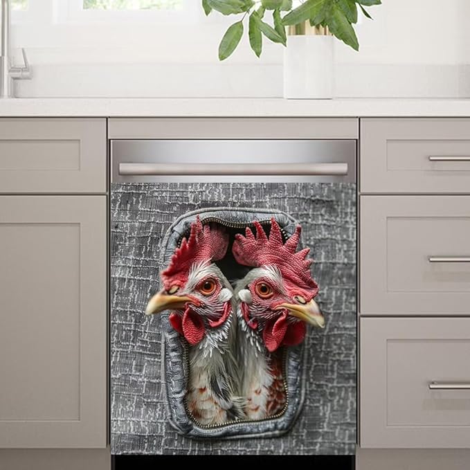 Wood Board and Rooster Wallpaper Dishwasher Magnet Cover Panel Kitchen Decorative Magnetic Refrigerator Front Door Cover Sticker,23W x 17H inchs