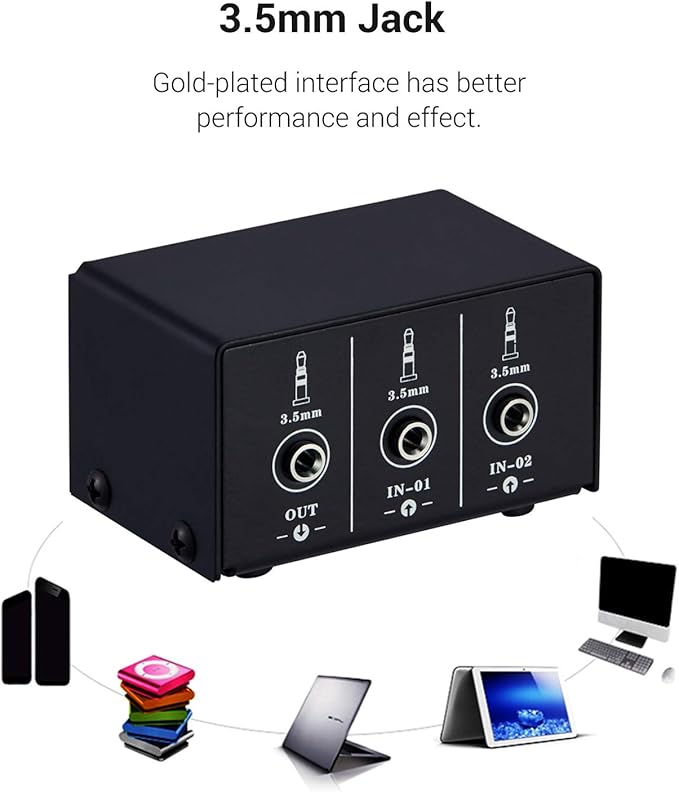 JINGFENG Audio Switcher 3.5mm 2 in 1 Out/1 in 2 Out A/B Switch Stereo Audio Splitter Box with No Distortion 3.5mm Jack for Switching Between Computer Speakers and Headphones