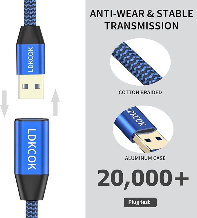 LDKCOK USB to USB Cable 15FT, Durable Braided USB 3.0 Male to Male Type A to Type A Data Transfer Cable, Compatible with Hard Drive, Laptop, DVD Player, TV, USB Hub, Monitor, Camera, Set-Top Box