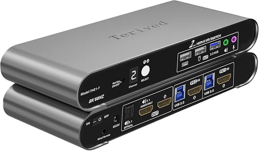Terived 2 Computers 1 HDMI Monitor Automatic KVM Switch 8K@60Hz, Hotkey Switching, EDID, Support 5.1/7.1 Audio and Microphone, Aluminum Shell with Digital Display, USB 3.0 Hub, HDR10 with Cables