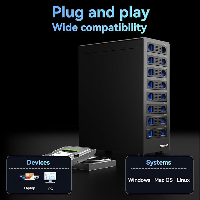 CENMATE 8 Bay Hard Drive RAID Enclosure with Cooling Fan for 2.5/3.5" SATA HDD/SSD with USB A/C 3.0＋eSATA Cable, 3.5 Hard Drive Enclosure Supports 160TB Capacity, 8 RAID Modes, DAS(NO NAS)
