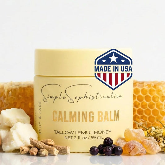 Simple Sophistication Tallow Emu Honey Balm | Nourishing Face & Body Moisturizer with Manuka Honey & Emu Oil, Non-Greasy Natural Skincare (Calming Balm with Ashwagandha + Frankincense)