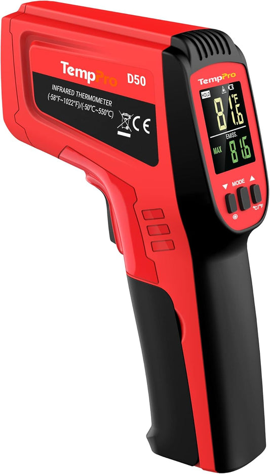 TempPro D50 Dual Laser Infrared Thermometer Gun - Adjustable Emissivity & MAX/MIN/AVG Display for Cooking & Industrial Use