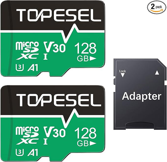 TOPESEL 128GB Micro SD Card 2 Pack with Adapter, High Speed TF Card, Memory Card microSDXC for Camera, Smartphone, Tablet, Dash Cam, Drone, UHS-I, U3, A1, 4K UHD, V30(128GB 2Pack)