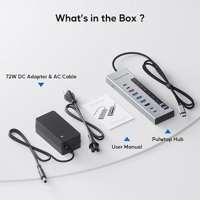 PULWTOP Powered USB C Hub, 10-in-1 USB 3.2 Data Hub with 3 x USB A/C 10Gbps, 3 x USBA 5Gbps, USB A 2.0, 100W PD-in, 2 x 24/45W Type-C Charging Ports (72W Adapter Included)
