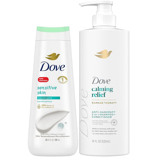 Dove Dandruff Shampoo & Conditioner 2-in-1, DermaCare Calming Relief with Pyrithione Zinc + Body Wash for Sensitive Skin – Best to Prevent Itchy Scalp and Dry Skin (2 Piece Set)