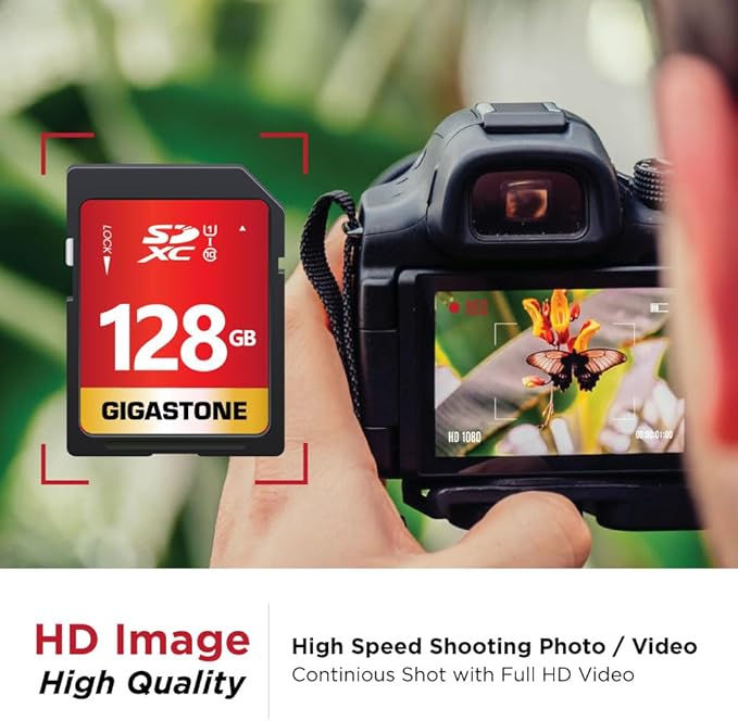 GIGASTONE 128GB SD Card 10-Pack UHS-I U1 Class 10 SDXC Memory Card Full HD Video for Digital Camera, Full-Sized SD Card, with 10 mini Cases