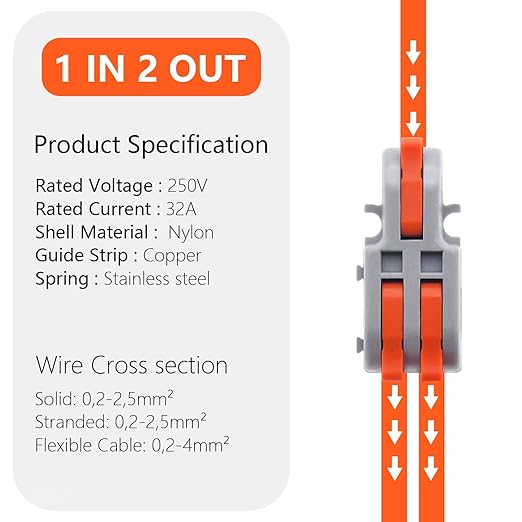 XALXMAW 20Pcs Lever Wire Connectors, 1 in 2 Out DIY Mini Splicing Compact Splitter Docking Terminal Block Electrical Connectors, 24-12 AWG