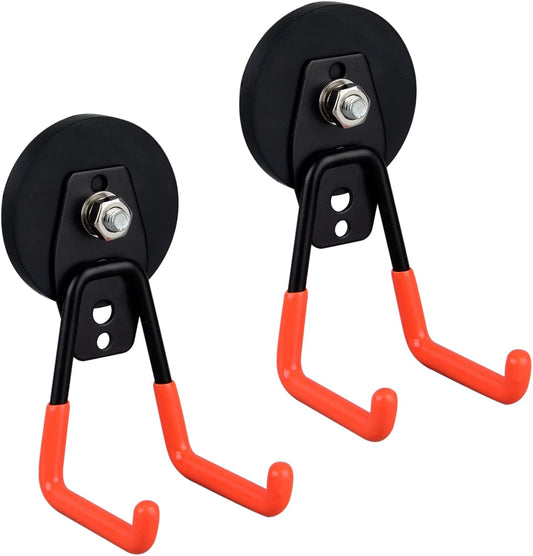 ULIBERMAGNET Heavy Duty Magnetic Garage Hooks - Strong Magnet Holders for Tools & Pegboard | 2 Pack (Orange)