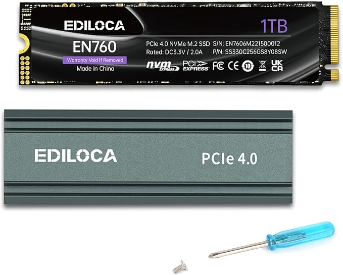 Ediloca 1TB M2 NVME SSD with Heatsink - PCIe Gen4.0 NVMe M.2 2280 3D NAND TLC, 5000MB/s Read, Internal Solid State Drive for PS5/PC, Dynamic SLC Cache, PS5 Storage Expansion, 5-Year Warranty(EN760)
