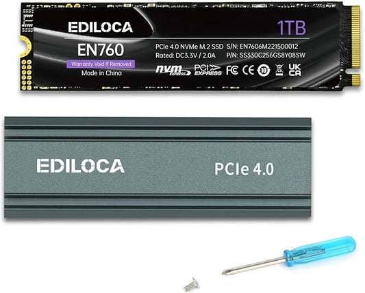 Ediloca 1TB M2 NVME SSD with Heatsink - PCIe Gen4.0 NVMe M.2 2280 3D NAND TLC, 5000MB/s Read, Internal Solid State Drive for PS5/PC, Dynamic SLC Cache, PS5 Storage Expansion, 5-Year Warranty(EN760)