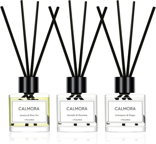 CALMORA Essential Oil Reed Diffuser Set - 3-Pack 50ml Flameless Room Air Fresheners | Perfect for Bedroom & Bathroom
