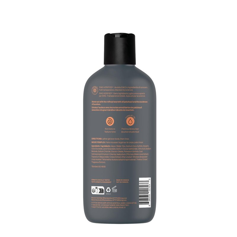 ATTITUDE Shower Gel Body Wash for Men, 98% Natural Origin Ingredients, Paraben & Phthalate Free, EWG Verified, Cleanses Without Drying, Patchouli & Bourbon, 14 Fl Oz