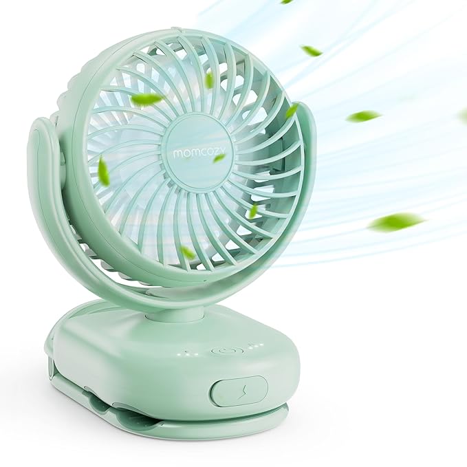 Momcozy Portable Stroller Fan with Clip | 4-Speed Mini-Fan for Carrier | Personal Fans Ultra Light 0.26lb | Gaps ≤4.5mm | Handheld Cooling | Rechargeable Rotate for Diaper Backpack/Table