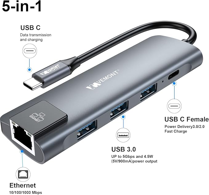 VEMONT 5-in-1 USB C Hub Multiport Adapter, Gigabit Ethernet, 3 USB 3.0 Ports, 100W PD Charging Docking Station Compatible with MacBook iPad Laptop All Type C Devices