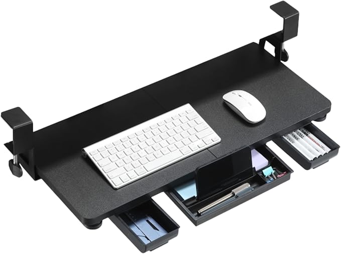TECLUK Keyboard Tray Under Desk with Drawer,26.77" X 11.81" Keyboard Tray Large Size with C Clamp-on Mount, Easy to Install, Save Space for Office Desk (Black)