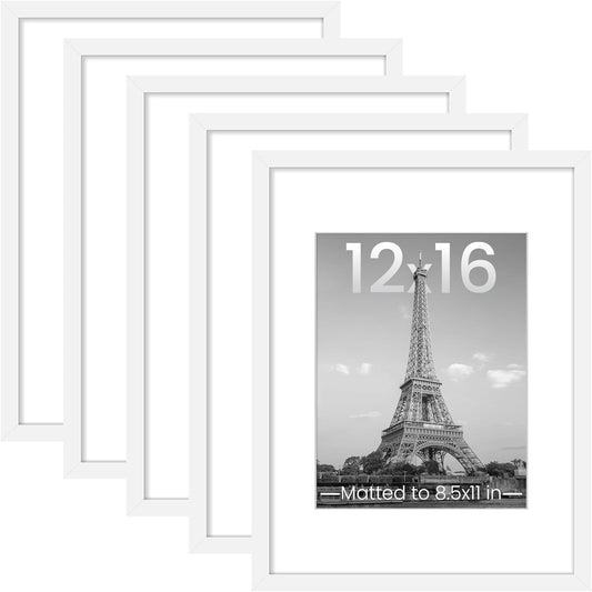 Upsimples 12x16 Picture Frame Set of 5 - Versatile Wall Gallery Frames for 8.5x11 or 12x16 Photos | White
